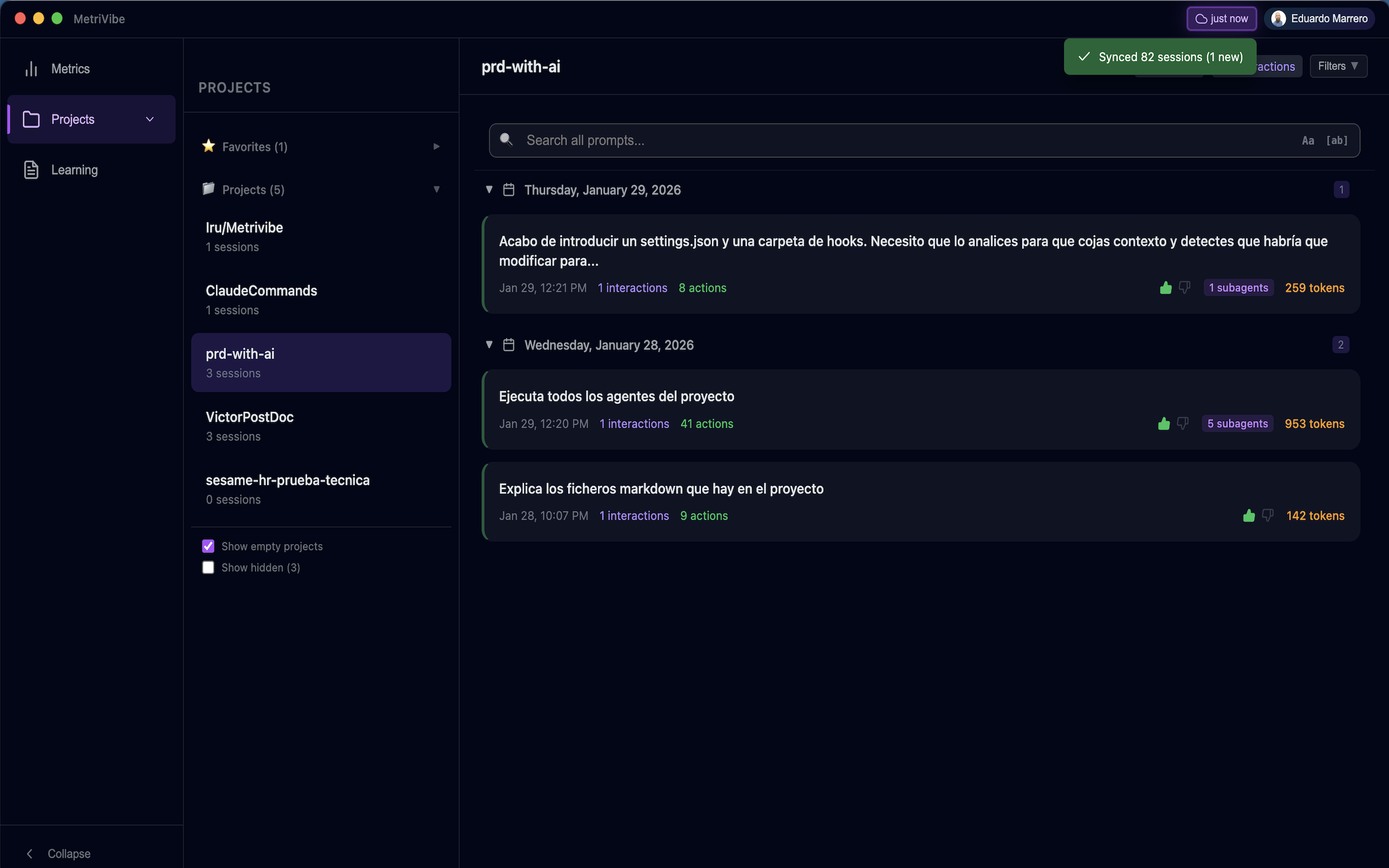 Projects & Sessions — Browse projects with grouped sessions