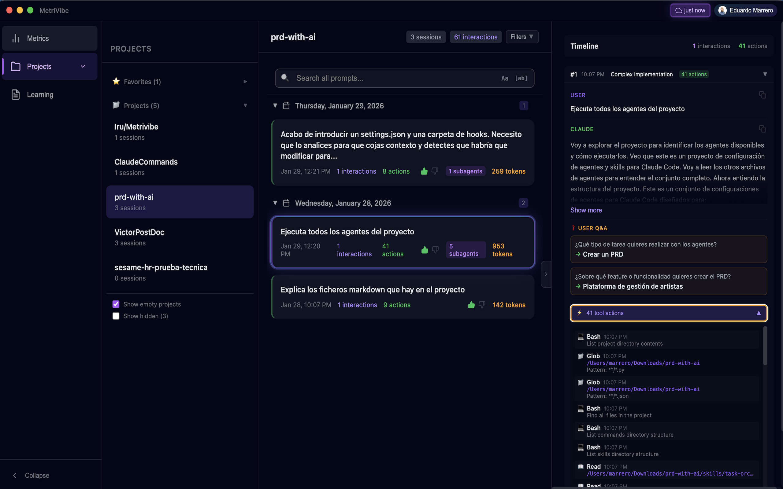 Session Timeline — Interactions with tool calls and code